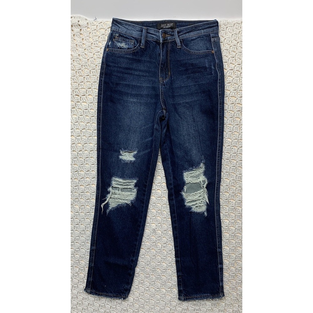 Judy Blue Jeans Women 1/25 Straight Fit Mid Rise Dark Wash Blue Denim Distressed